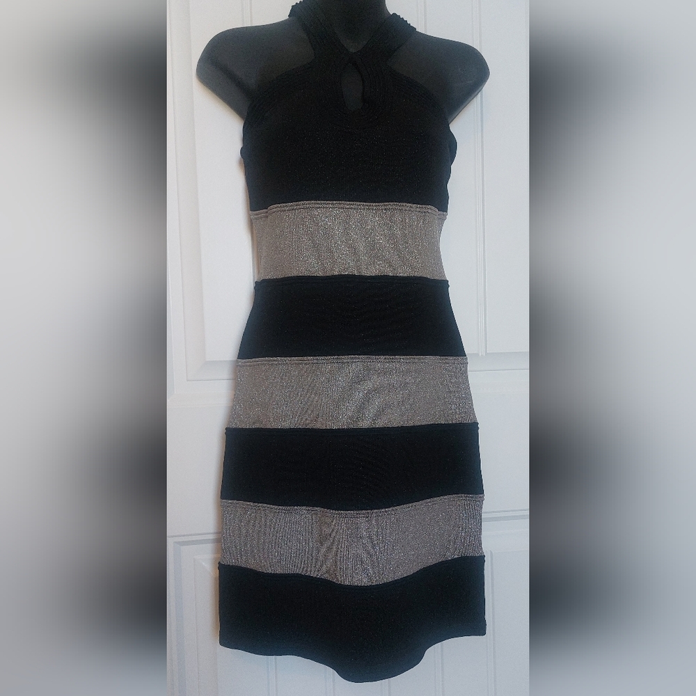 Bebe Black & Silver Sparkly Striped Dress